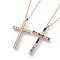 304 Stainless Steel Pendant Necklaces, with Cubic Zirconia, Cable Chains and Lobster Claw Clasps, Cross, Golden, Mixed Color, 17.7 inch(45cm), 2mm