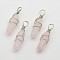 Faceted Bullet Platinum Plated Brass Gemstone Double Terminated Pointed Pendants, Rose Quartz, 38~42x8~9mm, Hole: 3~6mm