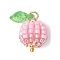 Glass Seed Beaded Berry Fruit Pendants, with Brass Loop & Acrylic Charms & Pearlized Glass Pearl Round Bead, Pink, 14.5x12.5mm, Hole: 3.5mm