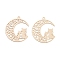 Long-Lasting Plated Brass Pendants, Cat with Moon, Cadmium Free & Nickel Free & Lead Free, Light Gold, 21x19x0.3mm, Hole: 1mm