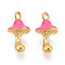 304 Stainless Steel Pendants, with Enamel, Real 14K Gold Plated, Mushroom Charm, Ion Plating(IP), Hot Pink, 18x9.5x9.5mm, Hole: 1.8~2mm