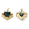 Brass Micro Pave Cubic Zirconia Pendants, with Jump Rings, Nickel Free, Real 18K Gold Plated, Heart, Dark Green, 20x17x7mm, Jump Ring: 5x1mm, 3mm inner diameter