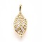Brass Micro Pave Cubic Zirconia Pendants, Leaf Charms, Real 18K Gold Plated, 20x8x5mm, Hole: 3x2mm