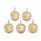 Brass Micro Pave Clear Cubic Zirconia Pendants, with White Sea Shell, Nickel Free, Flat Round, Real 18K Gold Plated, 16x12x2mm, Hole: 1.8mm