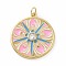 Brass Micro Pave Claer Cubic Zirconia Pendants, Cadmium Free & Nickel Free & Lead Free, Real 18K Gold Plated, with Enamel and Jump Ring, Flat Round with Flower Charms, Pink, 27x24x3mm, Jump Ring: 5x0.8mm, Inner Diameter: 3.2mm