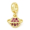 Rack Plating Brass Pave Hot Pink Cubic Zirconia Planet European Dangle Charms, Large Hole Pendants, Lead Free & Cadmium Free, Long-Lasting Plated, Real 18K Gold Plated, 10.5x12x3.6mm, Hole: 4.6mm