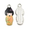Alloy Enamel Pendants, Cadmium Free & Nickel Free & Lead Free, Platinum, Japanese Doll Charm, Orange, 21x8.5x2mm, Hole: 2mm