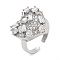 Rack Plating Brass Micro Pave Cubic Zirconia Heart Open Cuff Rings for Women, Long-Lasting Plated, Cadmium Free & Lead Free, Platinum, Adjustable