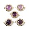 Natural Amethyst Faceted Connector Charms, Brass Micro Pave Clear Cubic Zirconia Flat Round Gems Links, Golden, Rack Plating, 21x16x7mm, Hole: 1.6mm