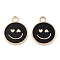 Alloy Enamel Pendants, Cadmium Free & Lead Free, Golden, Flat Round with Smiling Face Charm, Black, 19x15x1.7mm, Hole: 2.5mm