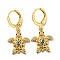 Real 18K Gold Plated Brass Dangle Leverback Earrings, with Enamel and Cubic Zirconia, Turtle with Evil Eye, Midnight Blue, 30x15mm