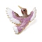 Bird Rhinestone Enamel Pins, Alloy Lapel Pins for Backpack Clothes, with Glitter Powder, Old Rose, 39x41mm