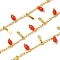 Brass Curb Chains, with Glass, Rack Plating, Long-Lasting Plated, Lead Free & Cadmium Free, with Teardrop Charms, Real 18K Gold Plated, Soldered, with Spool, Red, 3x2x0.5mm and 9.5x3x2mm and 8.5x3.5mm