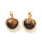 Brass Tiger Eye Round Ball Pendants, Clear Cubic Zirconia Charms, Real 18K Gold Plated, 15x13x8mm, Hole: 4x3mm