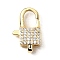 Brass Clear Cubic Zirconia Lobster Claw Clasps, Cadmium Free & Nickel Free & Lead Free, Square, Real 18K Gold Plated, 18.5x11.5x5.5mm, Hole: 3x2mm