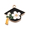 Alloy Enamel Pendants, Light Gold, Bachelor's Cap with Flower, Black, 24x26x1mm, Hole: 2mm
