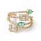 Aquamarine Cubic Zircon Teardrop and Rectangle Open Cuff Ring, Rack Plating Brass Jewelry for Women, Cadmium Free & Nickel Free & Lead Free, Real 18K Gold Plated, US Size 7 1/4(17.5mm)