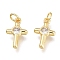 Brass Micro Pave Cubic Zirconia Tiny Cross Charms, with Jump Rings, Golden, Clear, 12.5x7.5x2.5mm, Hole: 1.5mm, Jump rings: 3.5x0.8mm