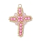 Glass Seed Beaded Cross Pendants, with Glass & 304 Stainless Steel Jump Rings, Real 18K Gold Plated, Pink, 32.5x26x4.5mm, Hole: 3mm