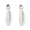 Non-Tarnish 304 Stainless Steel Pendants, Feather Charm, Stainless Steel Color, 15.5x4x2mm, Hole: 1.6mm