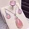 925 Sterling Silver Micro Pave Clear Cubic Zirconia with Natural Chalcedony Pendant Necklaces & Dangle Earrings & Rings Sets, Platinum, Teardrop, Pink, 400mm