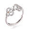 Heart Brass Micro Pave Clear Cubic Zirconia Adjustable Ring Settings, for Half Drilled Beads, Cadmium Free & Nickel Free & Lead Free, Real Platinum Plated, Pin: 1mm, 9.5mm, Inner Diameter: 18~20mm