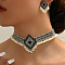 Rhombus Alloy Rhinestone Choker Necklace & Earrings Sets for Women, with Plastic Imitation Pearl, Antique Silver, Black, Necklaces: 320~420mm; Earring: 45mm