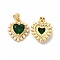 Rack Plating Brass & Glass Pendants, with Plastic Imitation Pearl, Cadmium Free & Lead Free, Real 18K Gold Plated, Long-Lasting Plated, Heart Charm, Green, 17x15x5mm, Hole: 3.5x4.5mm