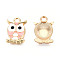 Alloy Enamel Pendants, with Rhinestone, Light Gold, Owl, Pink, 17x11.5x3.5mm, Hole: 2.5mm