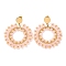 Woven Glass & Brass Beaded Donut Dangle Stud Earrings, with PVD Vacuum Plating 304 Stainless Steel Pins, Misty Rose, 60x49mm