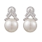 Natural Pearl Ear Studs, with Sterling Silver Micro Pave Clear Cubic Zirconia Findings, Round, Platinum, 16x10mm