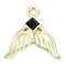 Golden Alloy Pendants, Fishtail Charms, with Glass, Rack Plating, Cadmium Free & Nickel Free & Lead Free, Black, 17.5x16.5x3mm, Hole: 1.8mm