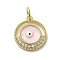 Brass Micro Pave Cubic Zirconia Pendants, with Enamel, Cadmium Free & Nickel Free & Lead Free, with Jump Ring, Real 18K Gold Plated, Flat Round with Evil Eye, Pink, 17.5x15x3mm, Hole: 3.8mm