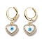 Real 18K Gold Plated Brass Dangle Leverback Earrings, with Enamel and Cubic Zirconia, Heart with Evil Eye, White, 25x10.5mm