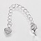 Long-Lasting Plated Brass Chain Extender, with Lobster Claw Clasps and Heart Tips, Real Platinum Plated, 67x3mm, Hole: 2.5mm