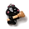 Opaque Resin Pendants, Halloween Charms with Platinum Tone Alloy Loops, Black, Cat Shape with Broom, 28x22.5x9mm, Hole: 1.5mm