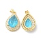 Real 16K Gold Plated Brass Micro Pave Cubic Zirconia Pendants, Cadmium Free & Lead Free, with Glass, Teardrop Charms, Sky Blue, 23.5x16x7mm, Hole: 5x3.5mm