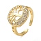 Brass Micro Pave Cubic Zirconia Open Cuff Ring, Cadmium Free & Lead Free, Tree of Life, Real 16K Gold Plated, US Size 6(16.5mm)