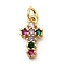 Brass Micro Pave Colorful Cubic Zirconia Charms, Cross, with Jump Ring, Lead Free & Cadmium Free, Long-Lasting Plated, Rack Plating, Real 18K Gold Plated, 12.5x7x3mm, Hole: 3mm