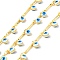 Handmade Brass Bar Link Chains, with Enamel Heart with Evil Eye Charm, Long-Lasting Plated, Soldered, with Spool, Golden, Cyan, Link: 12x2x1mm