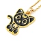 201 Stainless Steel Cable Chain Necklaces, Cat Shape Alloy Enamel Pendant Necklaces, Golden, 15.08~15.55 inch(38.3~39.5cm)