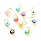 Brass Enamel Pendants, Long-Lasting Plated, Real 18K Gold Plated, with Jump Rings, Column with Evil Eye, Mixed Color, 7x3.5x4.5mm,Jump Ring: 5x0.6mm, 3mm inner diameter.