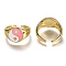 Brass Enamel Cuff Rings, Open Rings, Long-Lasting Plated, Flat Round with Gossip/Yin Yang, Real 18K Gold Plated, Pink, US Size 6, Inner Diameter: 17mm