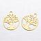 Brass Charms, Flat Round with Tree of Life, Golden, 11.5x10x0.3mm, Hole: 1mm