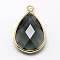 Golden Tone Brass Glass Teardrop Pendants, Faceted, Gray, 22x13x5mm, Hole: 2mm