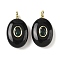 Natural Obsidian & Cubic Zirconia Pendants, Oval Charms with Brass Loops, Golden, 21.5x13x6.5mm, Hole: 1.8mm