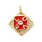 Brass Micro Pave Cubic Zirconia and Enamel Charms, Rhombus with Word LOVE, Rack Plating, Lead Free & Cadmium Free, Long-Lasting Plated, with Jump Ring, Real 18K Gold Plated, Red, 14.5x14.5x2.5mm, Hole: 3.5mm