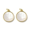 Brass Pave Shell Pendants, Geometric Charms, Real 18K Gold Plated, Flat Round, 18x15.5x2mm, Hole: 3.4mm