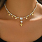 Round Shell Pearl Beaded Brass Pave Clear Cubic Zirconia Heart Pendant Necklaces for Women, Golden, Sweet Romantic Gift, White, 14.57 inch(37cm)