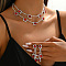 Rectangle Brass Rhinestone Double Layer Chain Necklace & Stud Dangle Earring Sets, Platinum, Ruby, 300mm